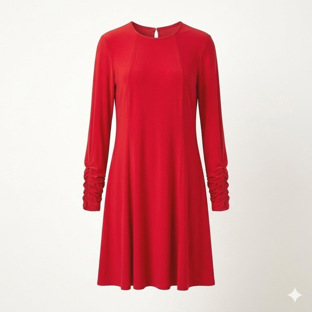 Ralph Lauren Red Stretch Fit & Flare Dress Ruched Long Sleeve 12 L Holiday Chic